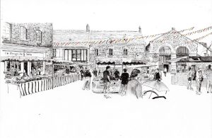 Place Saint-Aubin, un jour de marché Emma BURR, crayon, 2022 Collection musée de Guérande 