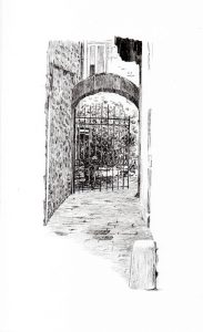 La pierre à Mado* Emma BURR, crayon et aquarelle, 2022 Collection musée de Guérande * C’est sur cette pierre que Mado s’est assise et a décidé avec son mari de quitter l’est de la France pour venir s’installer à Guérande. 
